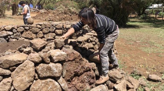 Homme qui monte un mur en pierre sèche